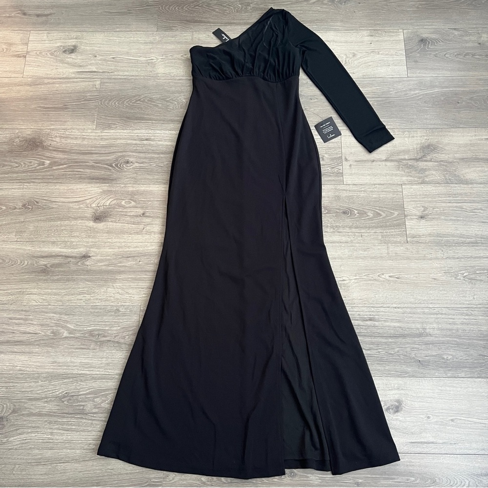Lulus Stunning Essence One Shoulder Mermaid Maxi Dress Large Black Slit Mesh NWT - Picture 5 of 12
